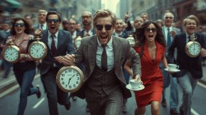 uomini e donne di affari che corrono con orologi giganti e tazze di caffè